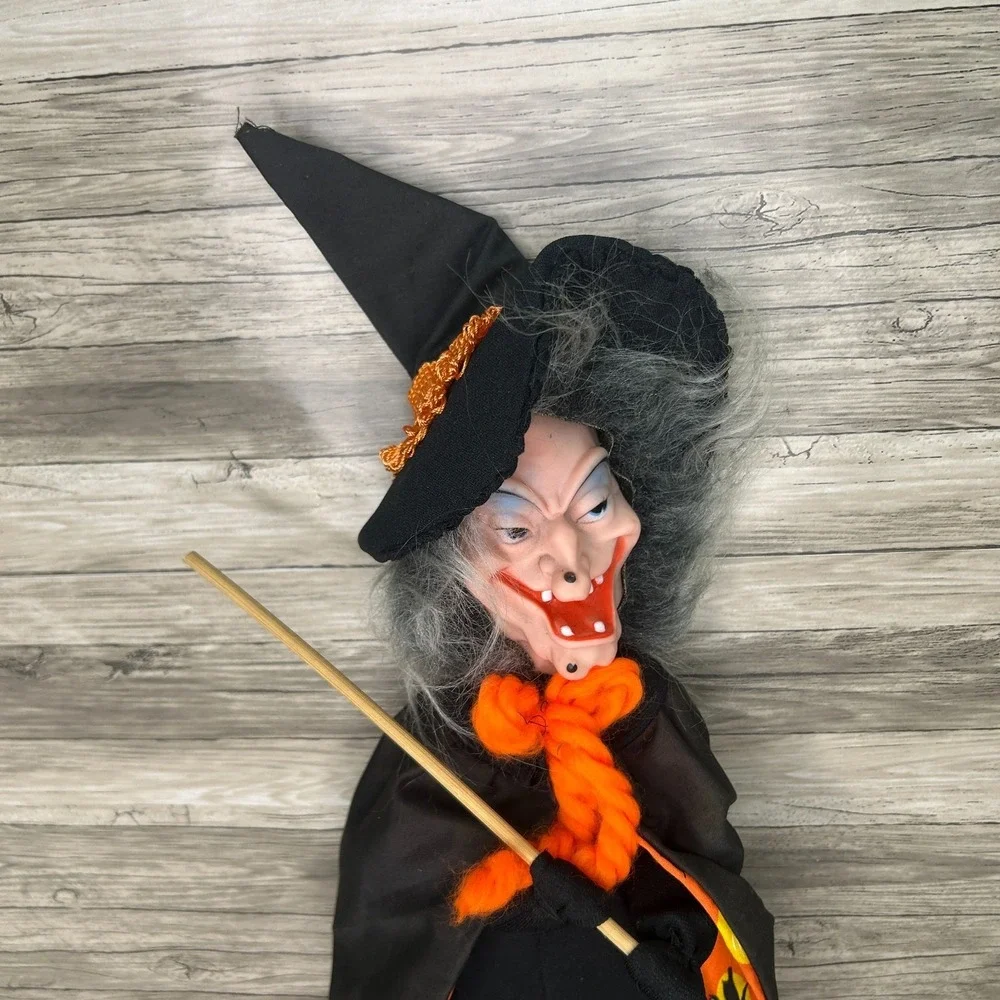Vintage Witch Doll Handmade Rubber Face Halloween Decoration Folk Art Straw Body